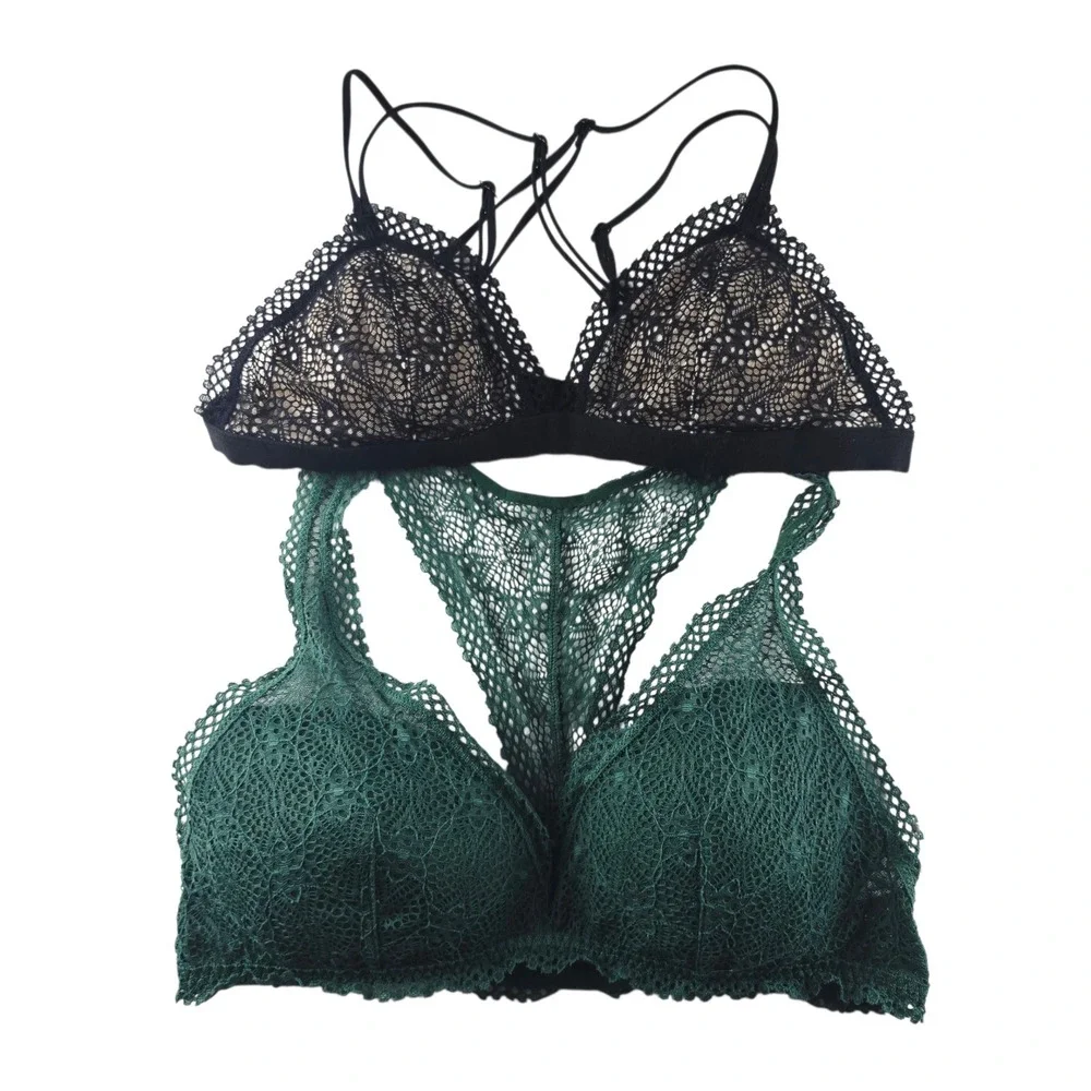 Victoria's Secret -449‎ Lace Bralette Set Padded Strappy Black and Green Medium